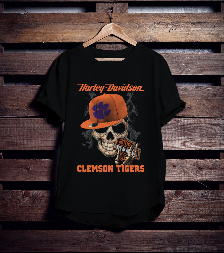Harley Davidson Skull With Clemson Tigers Paw T-Shirt