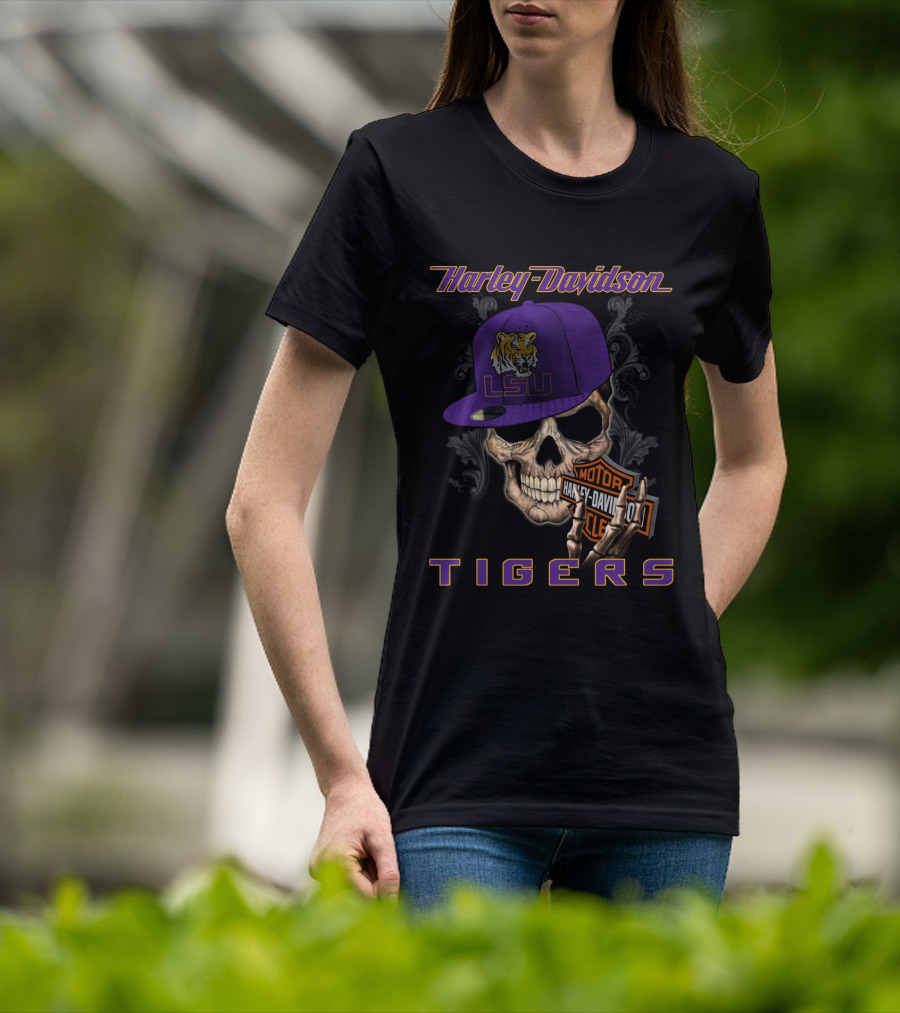 Harley Davidson Lsu Tigers Skull Hat T-Shirt