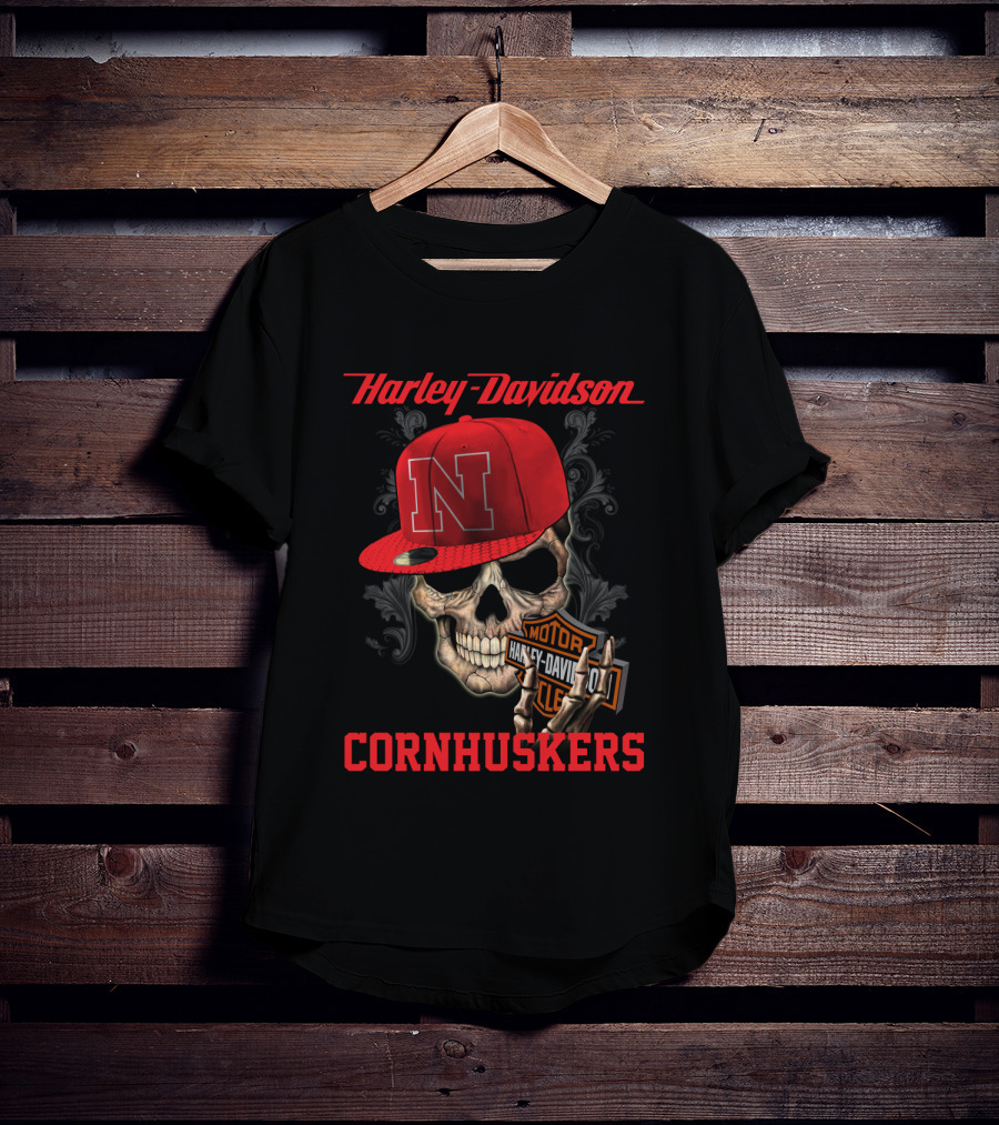 Harley Davidson Nebraska Cornhuskers Skull With Red N Cap T-Shirt