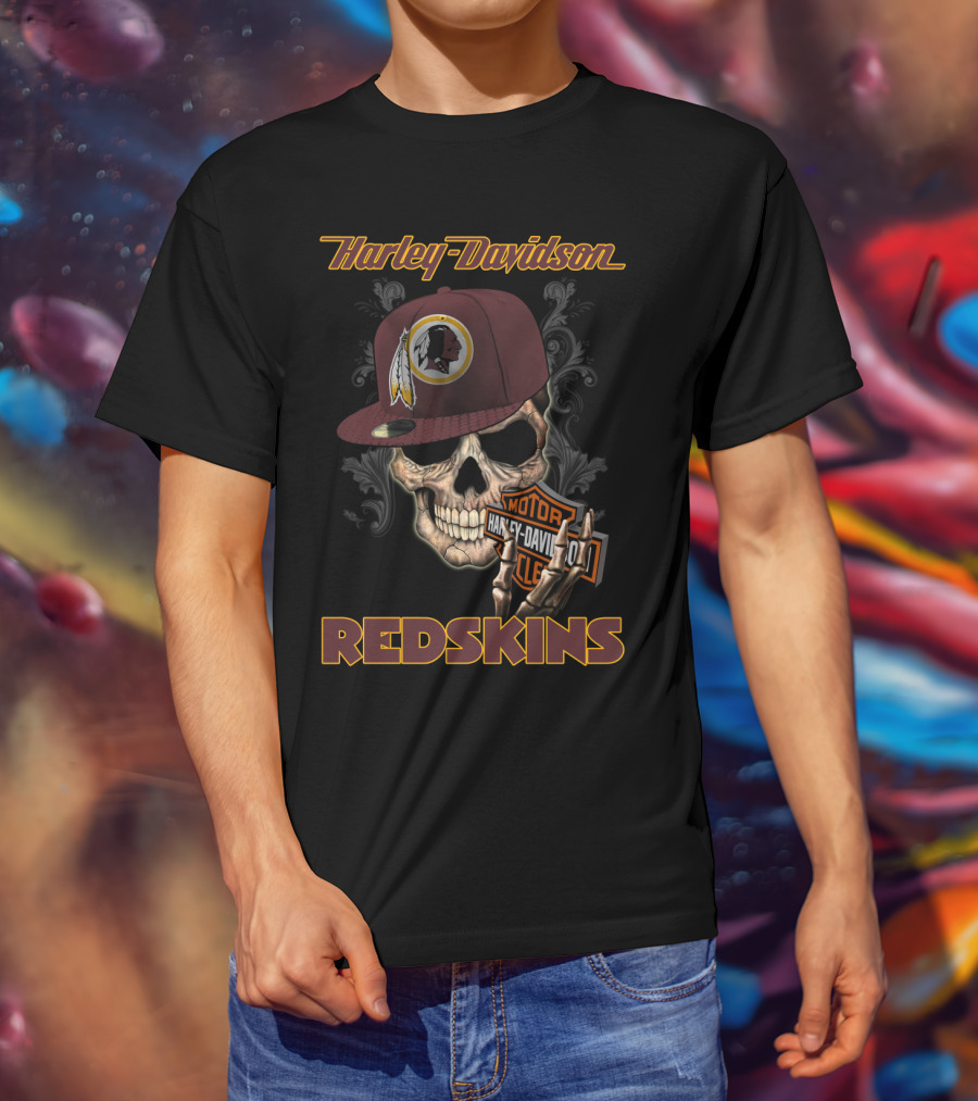 Harley Davidson Redskins Skull With Washington Redskins Cap T-Shirt