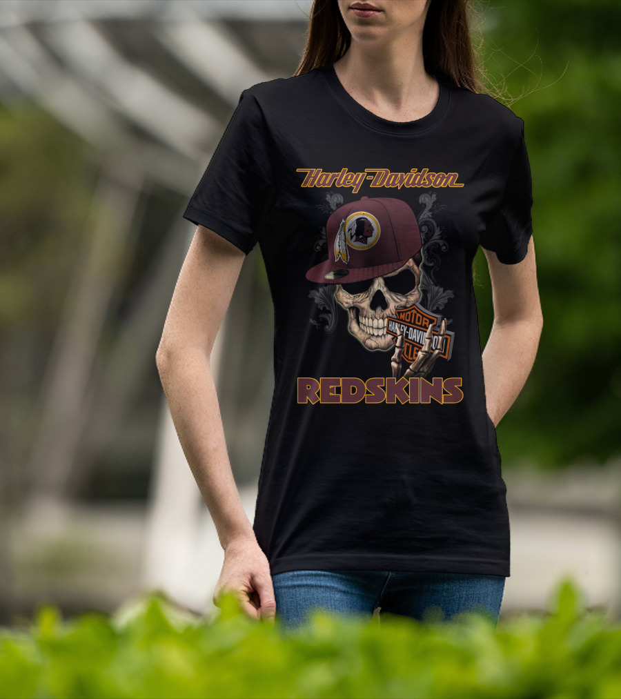 Harley Davidson Redskins Skull With Washington Redskins Cap T-Shirt