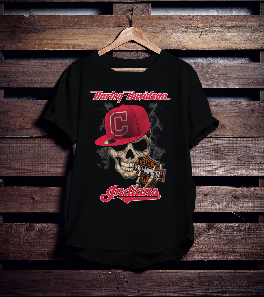 Harley Davidson Skull With Cleveland Indians Cap T-Shirt
