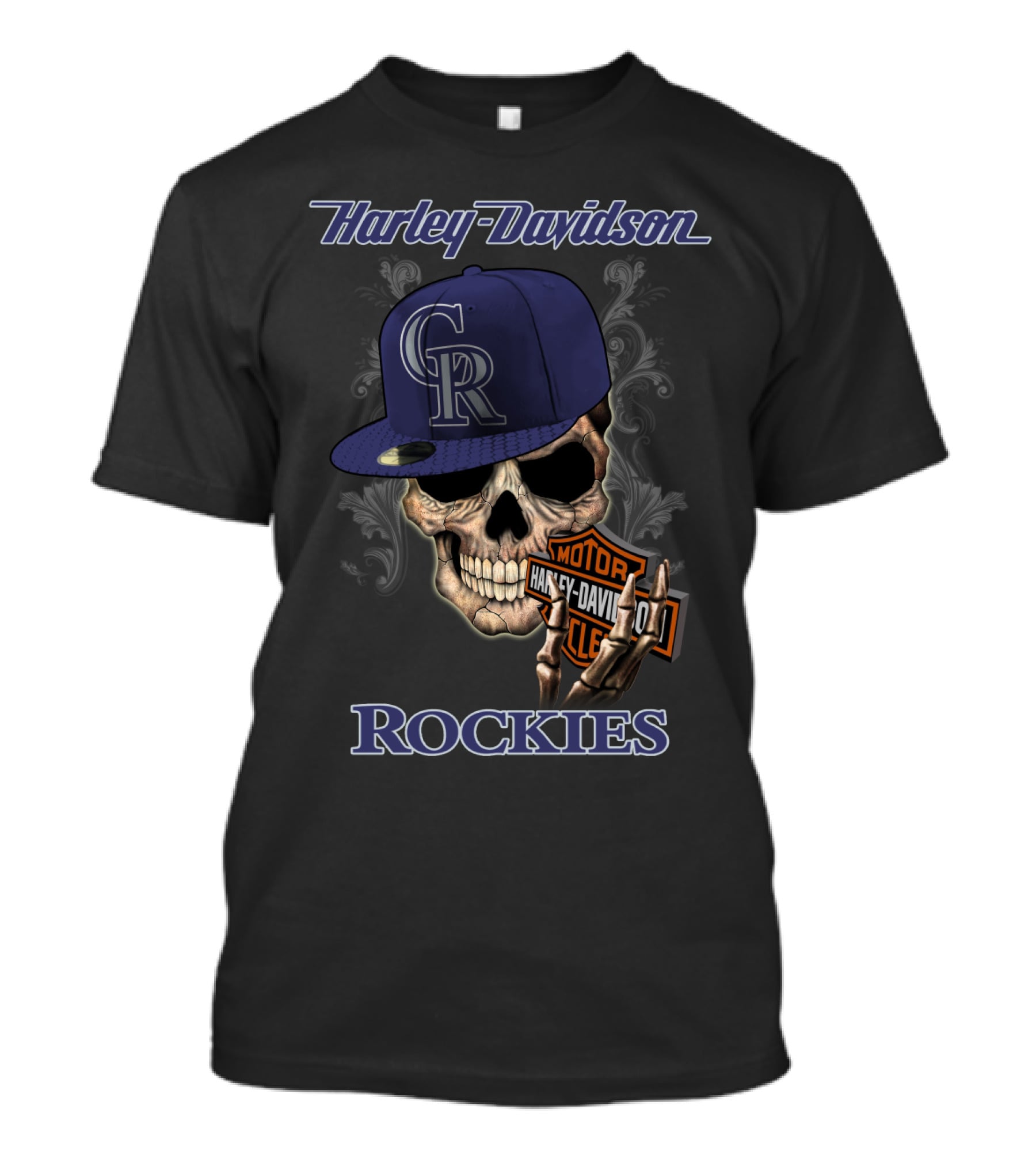 Harley Davidson Rockies Skull With Colorado Rockies Cap T-Shirt