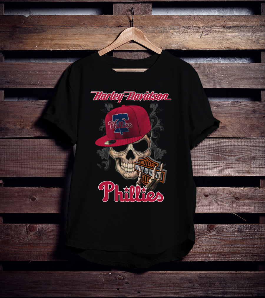 Harley Davidson Skull With Philadelphia Phillies Cap T-Shirt