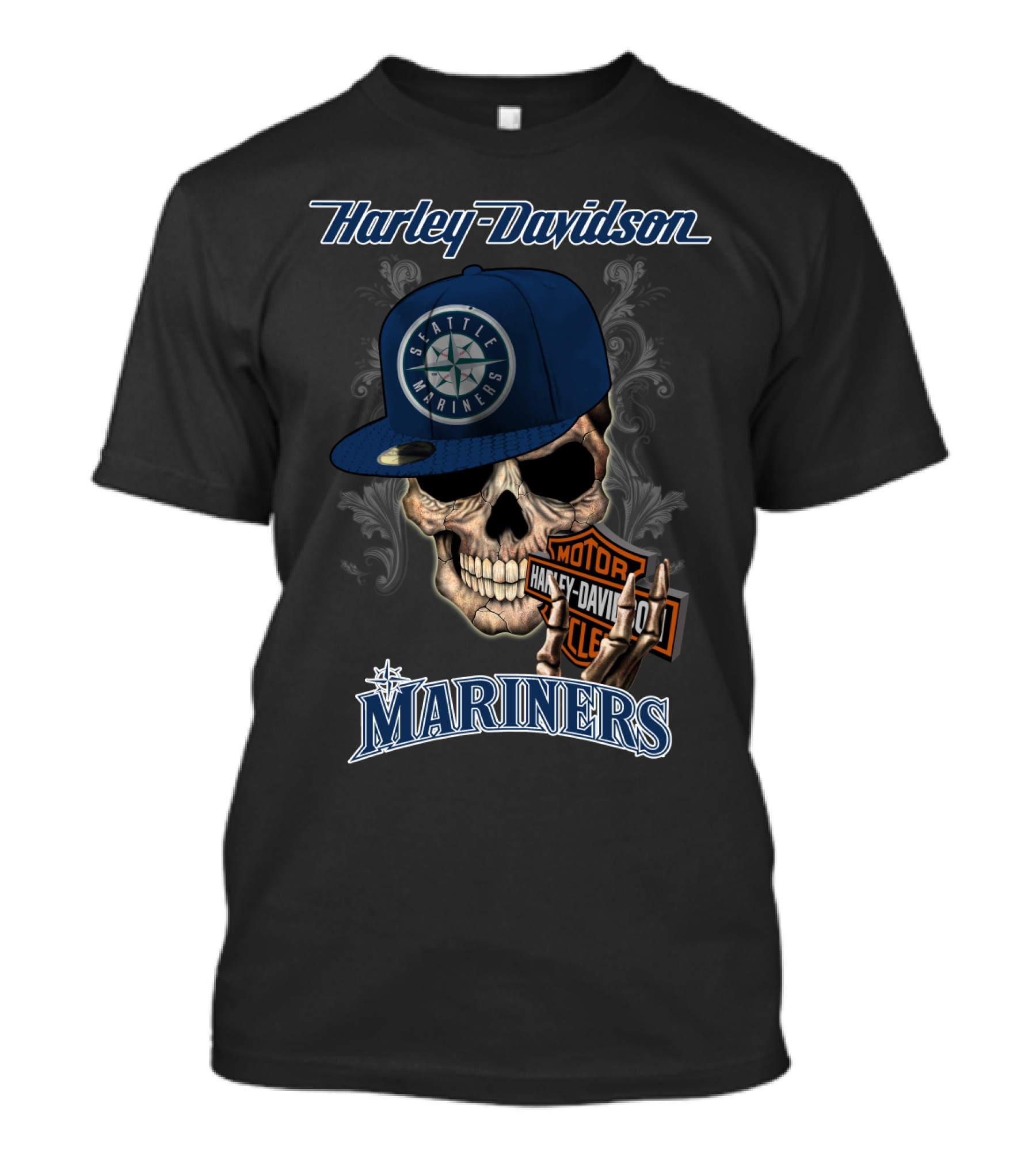 Harley Davidson Skull With Seattle Mariners Cap T-Shirt