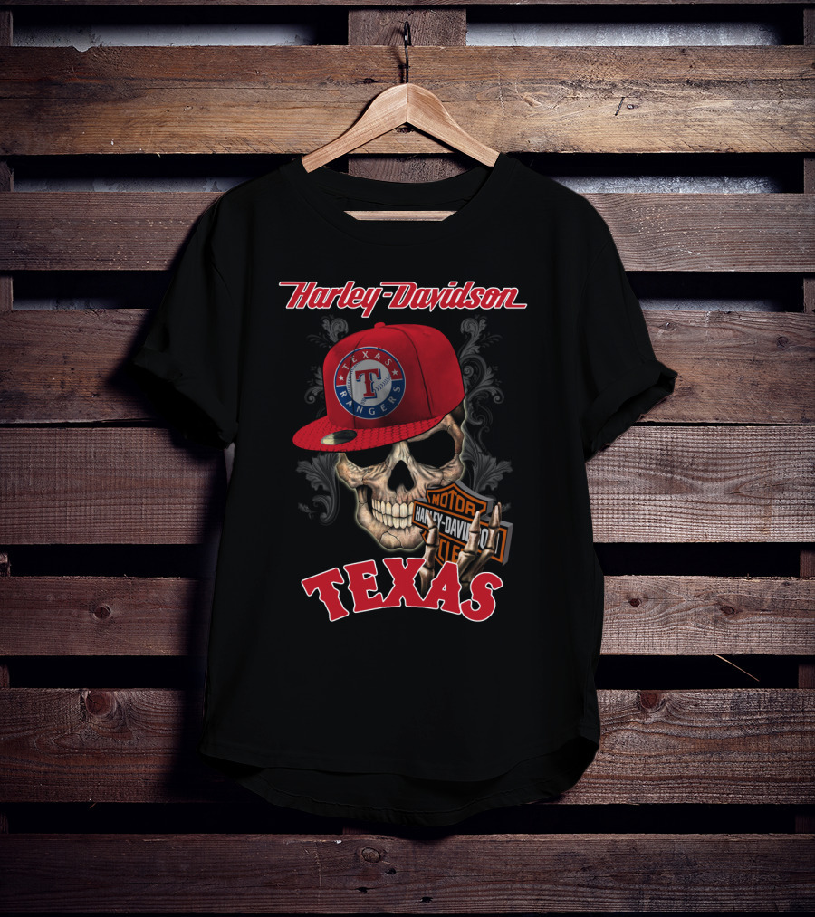 Harley Davidson Texas Skull With Texas Rangers Cap T-Shirt