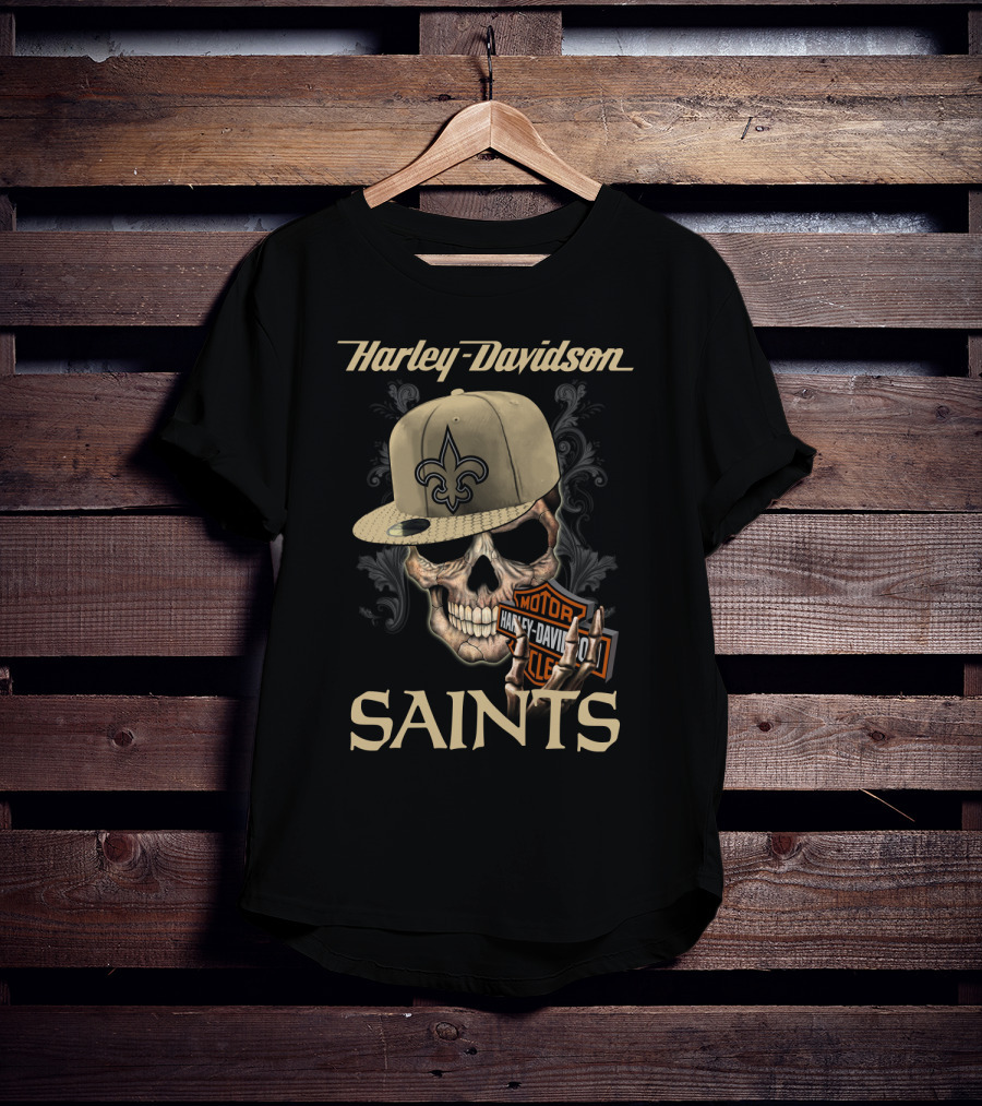 Harley Davidson Saints Skull New Orleans Fleur-De-Lis Moto T-Shirt