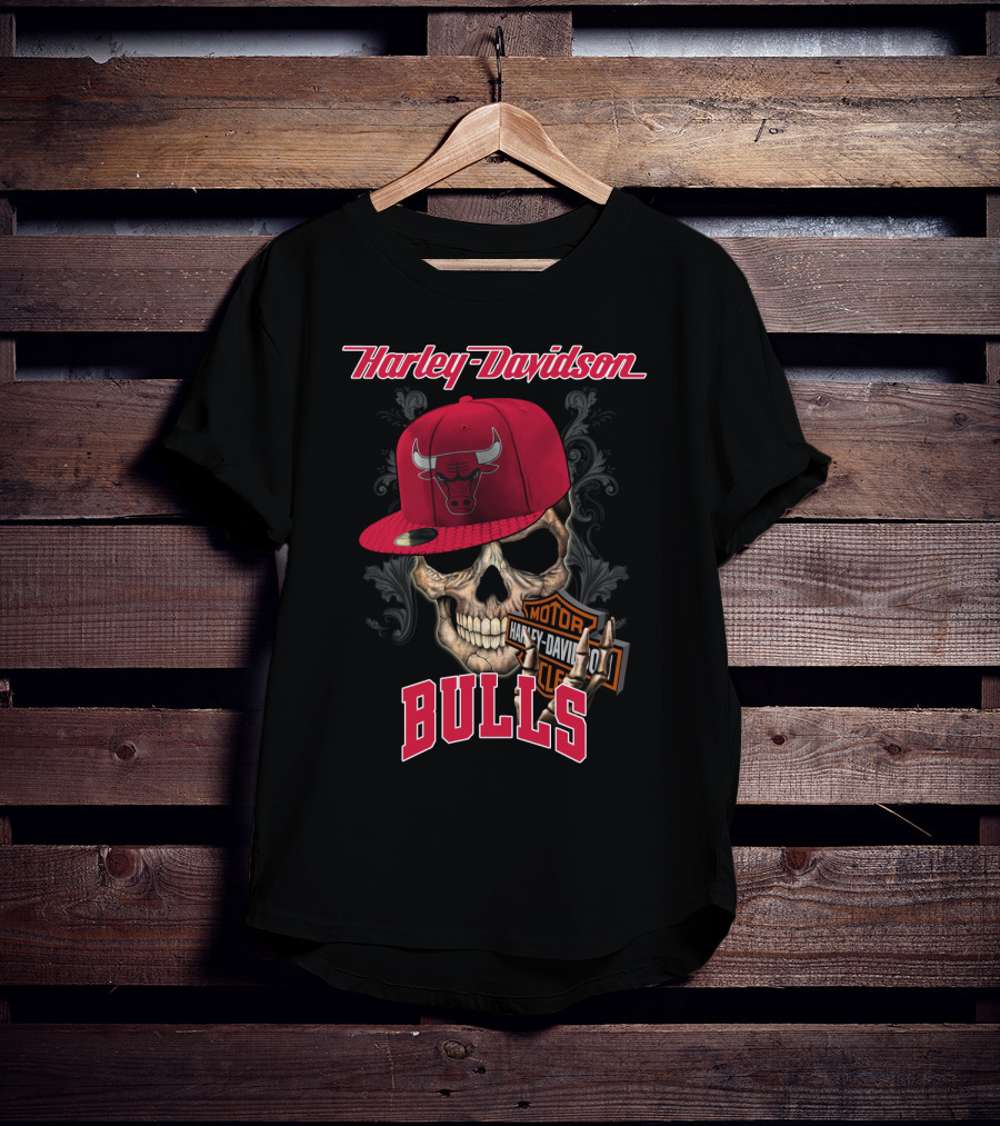 Harley Davidson Skull Chicago Bulls Cap With Motorcycle T-Shirt