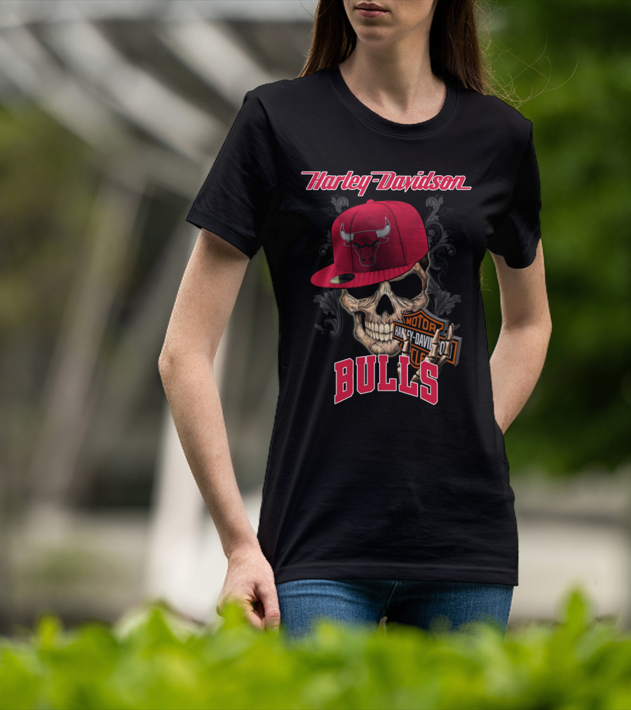 Harley Davidson Skull Chicago Bulls Cap With Motorcycle T-Shirt