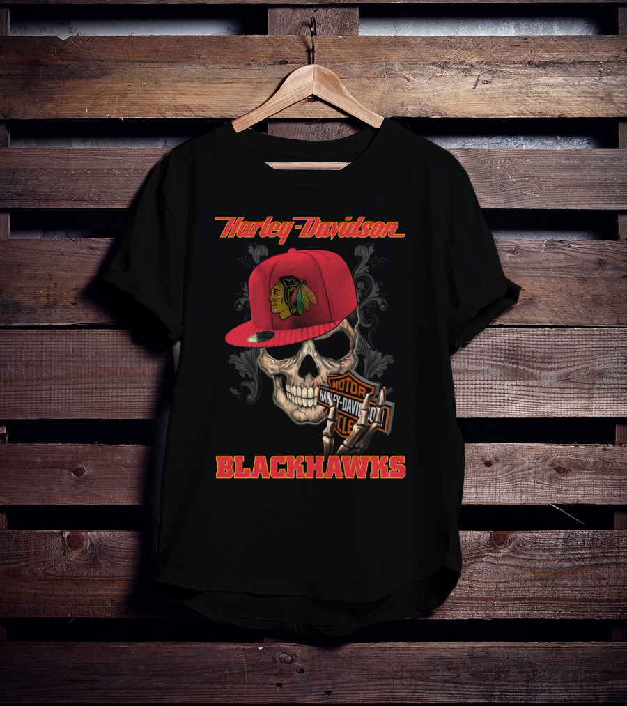 Harley Davidson Skull With Chicago Blackhawks Cap And Motor Cycle T-Shirt