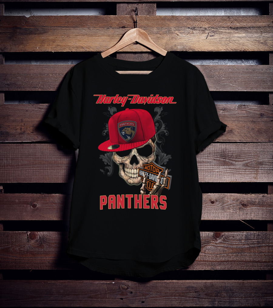 Harley Davidson Skull Florida Panthers Logo With Cap And Motorcycle Badge T-Shirt