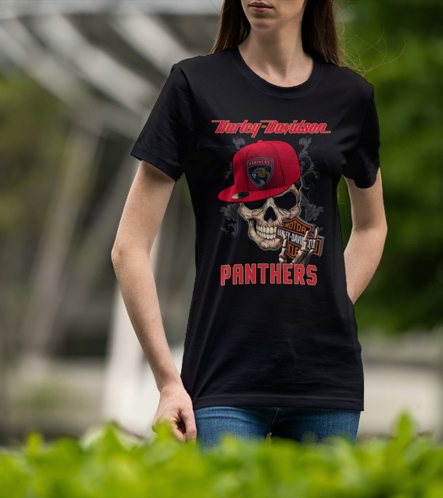 Harley Davidson Skull Florida Panthers Logo With Cap And Motorcycle Badge T-Shirt