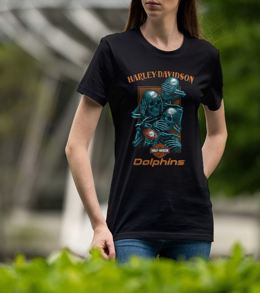 Harley Davidson Motor Cycles Miami Dolphins Nfl Skeletons T-Shirt