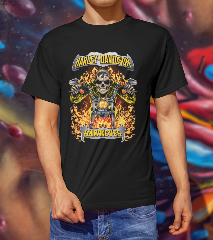 Harley Davidson Hawkeyes Iowa Ncaa Hl1502 Motorcycle Skull Flame T-Shirt