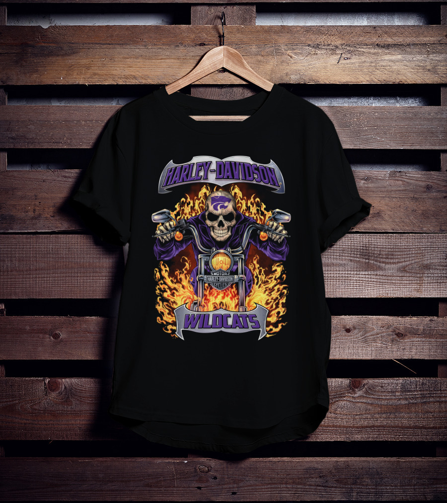 Harley Davidson Kansas State Wildcats Motorcycle Skull Flames T-Shirt