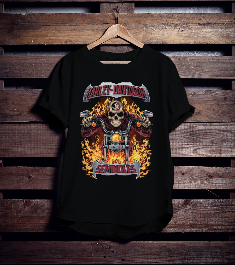 Harley Davidson Seminoles Skull Flames Motorcycle Theme T-Shirt