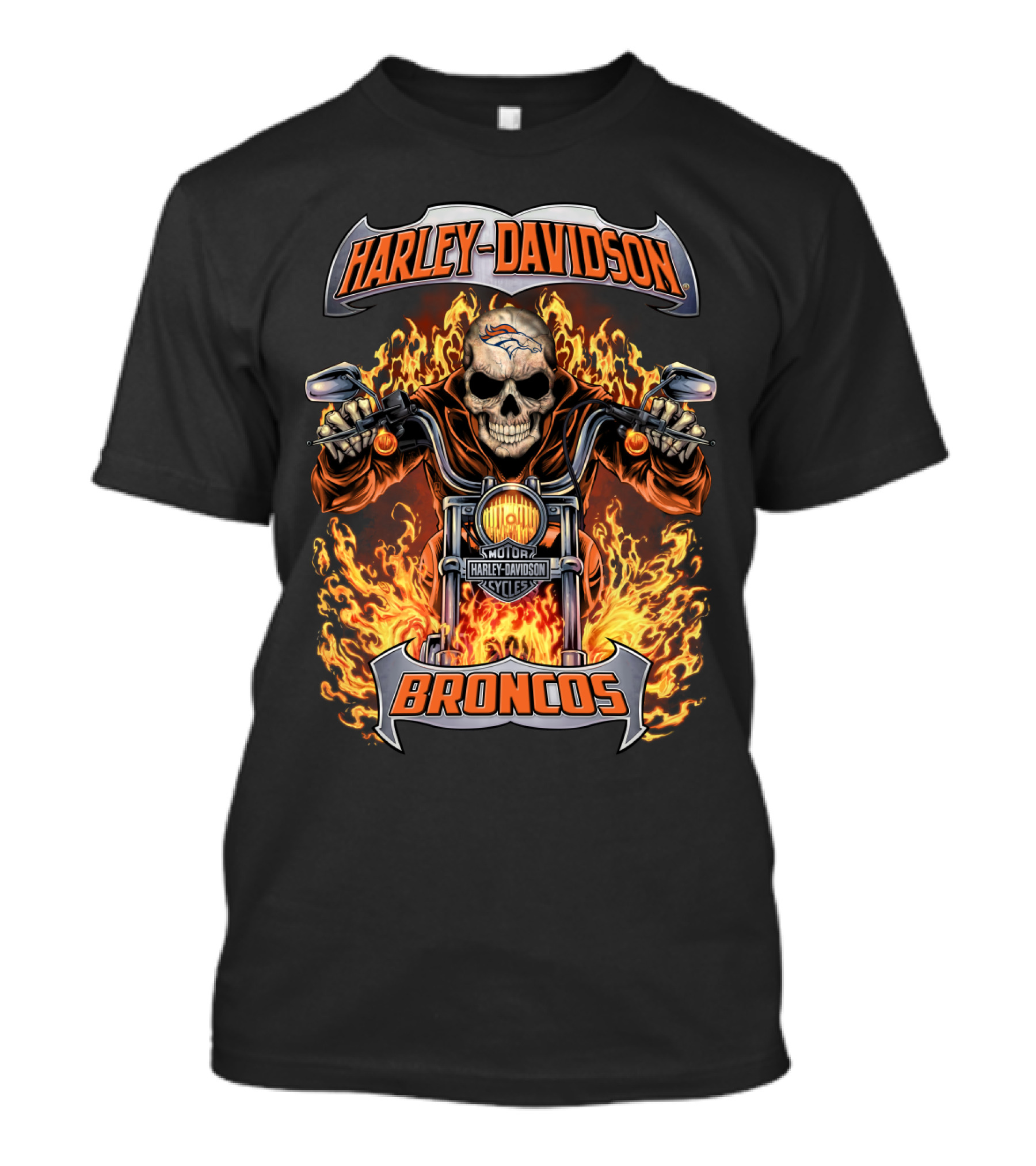 Harley Davidson Denver Broncos Skull Flames Motorcycle Nfl Hl1502 T-Shirt