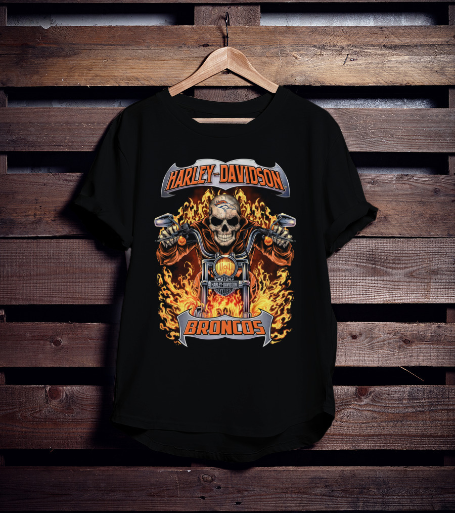 Harley Davidson Denver Broncos Skull Flames Motorcycle Nfl Hl1502 T-Shirt