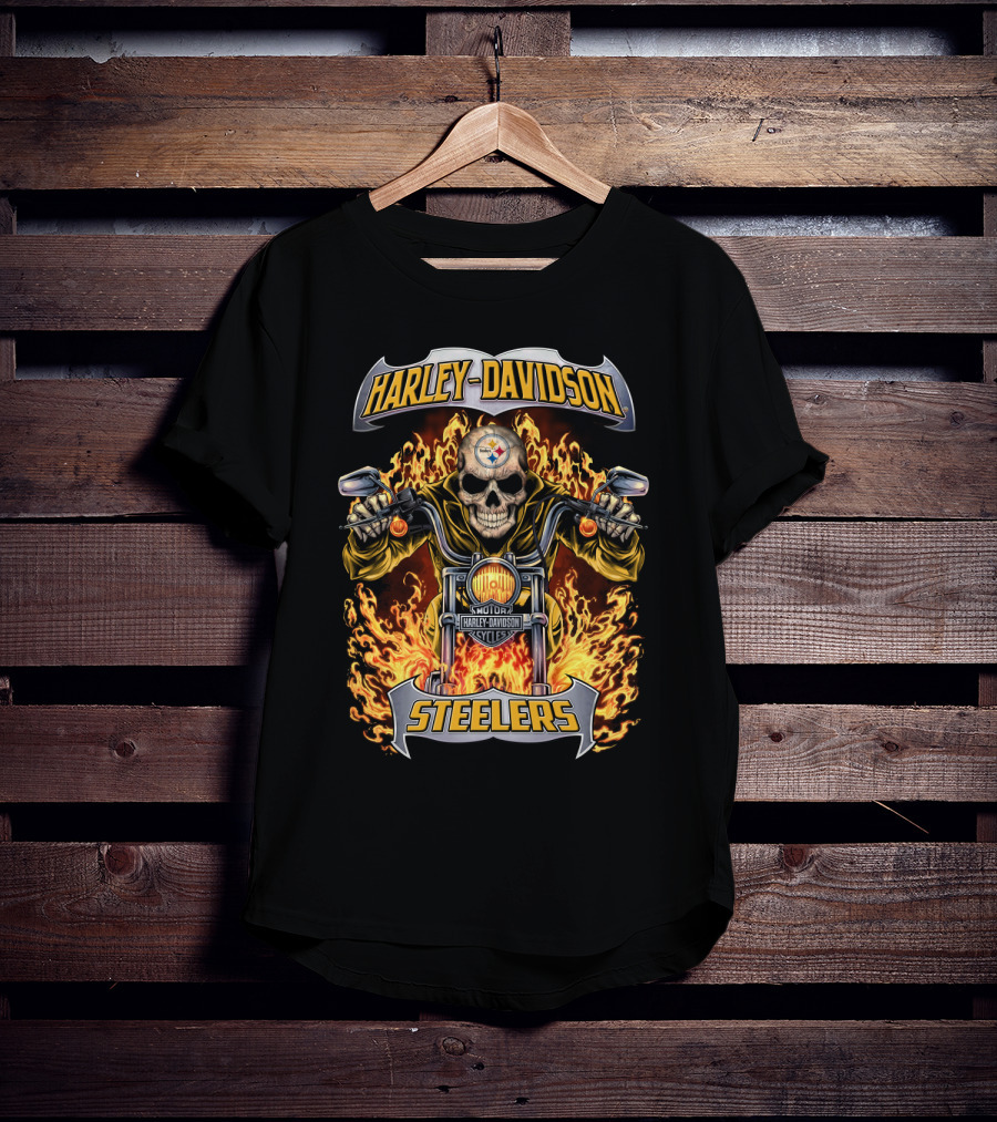 Harley Davidson Steelers Skull Flames Motorcycles Nfl Pittsburgh T-Shirt