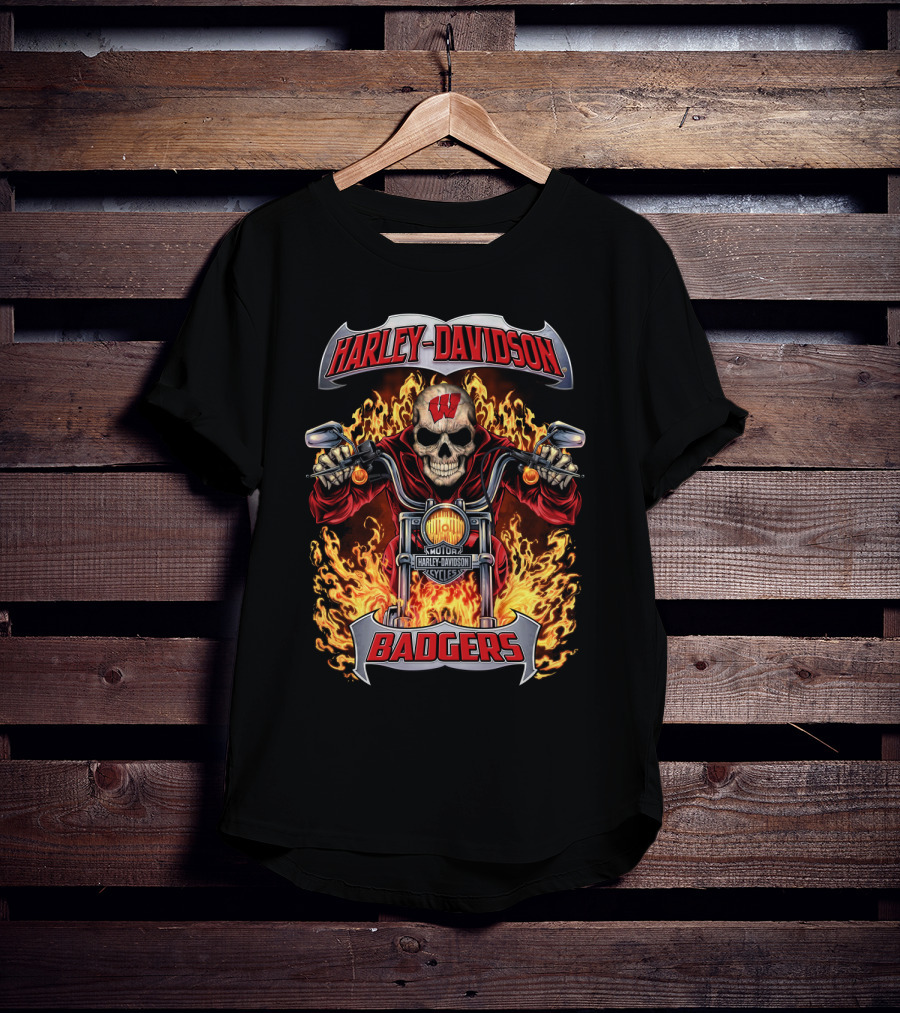 Harley Davidson Wisconsin Badgers Flaming Skull Motorcycle T-Shirt