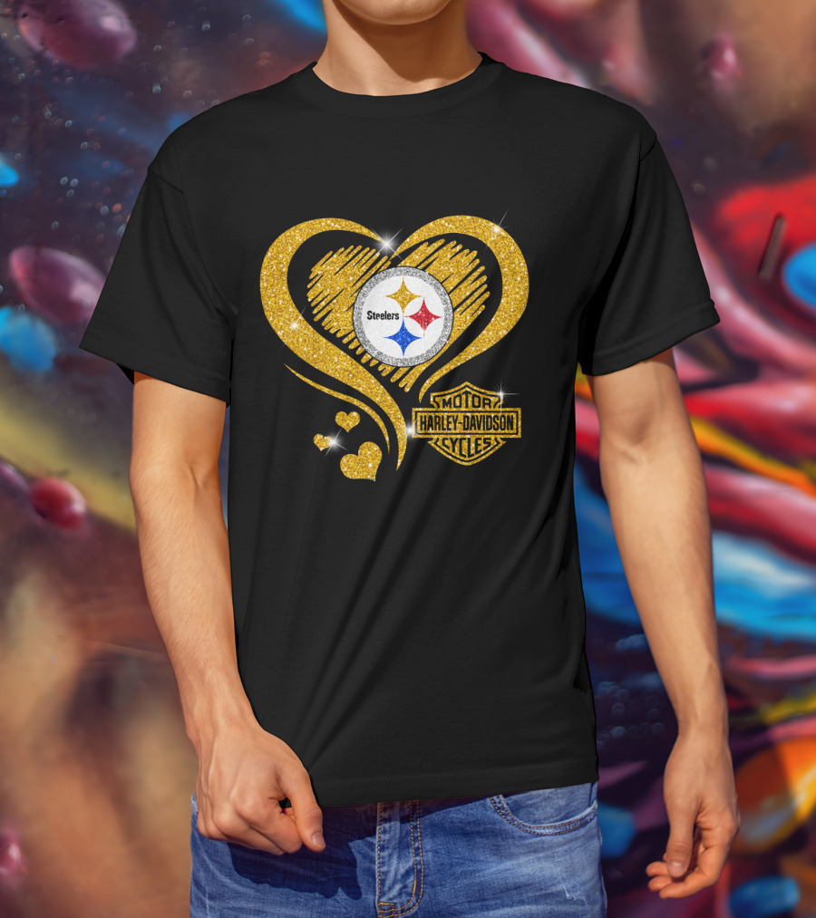 Steelers Heart Gold Motor Harley Davidson Cycles T-Shirt