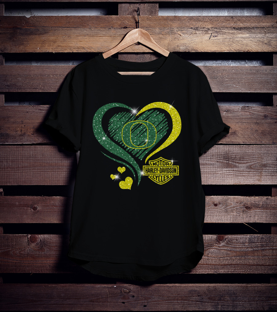 Oregon Ducks Heart Harley Davidson Motorcycles T-Shirt