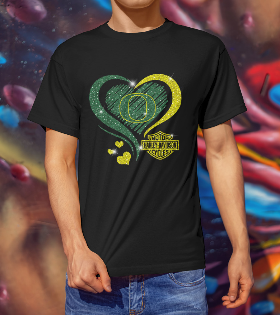 Oregon Ducks Heart Harley Davidson Motorcycles T-Shirt