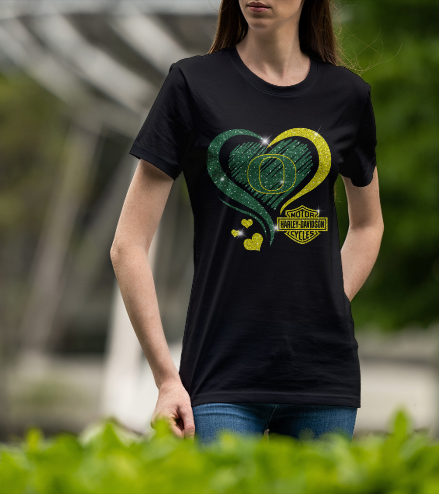 Oregon Ducks Heart Harley Davidson Motorcycles T-Shirt