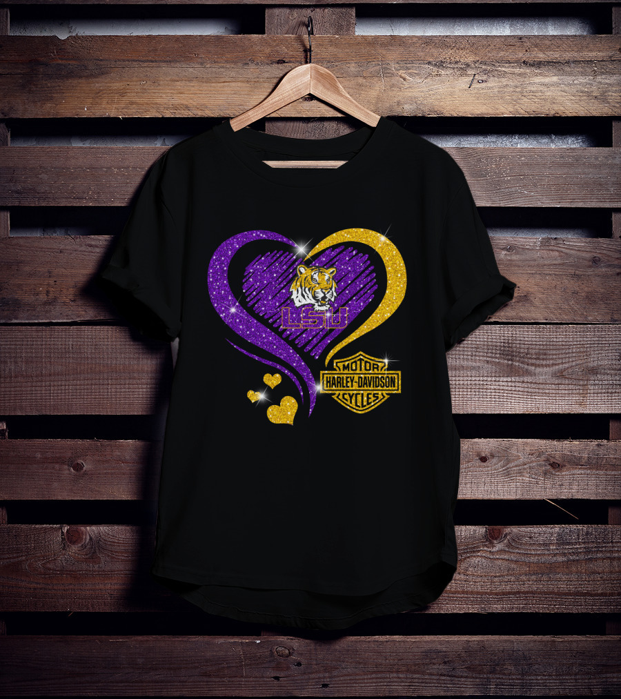 Lsu Tigers Harley Davidson Heart Ncaa Fan Gear T-Shirt