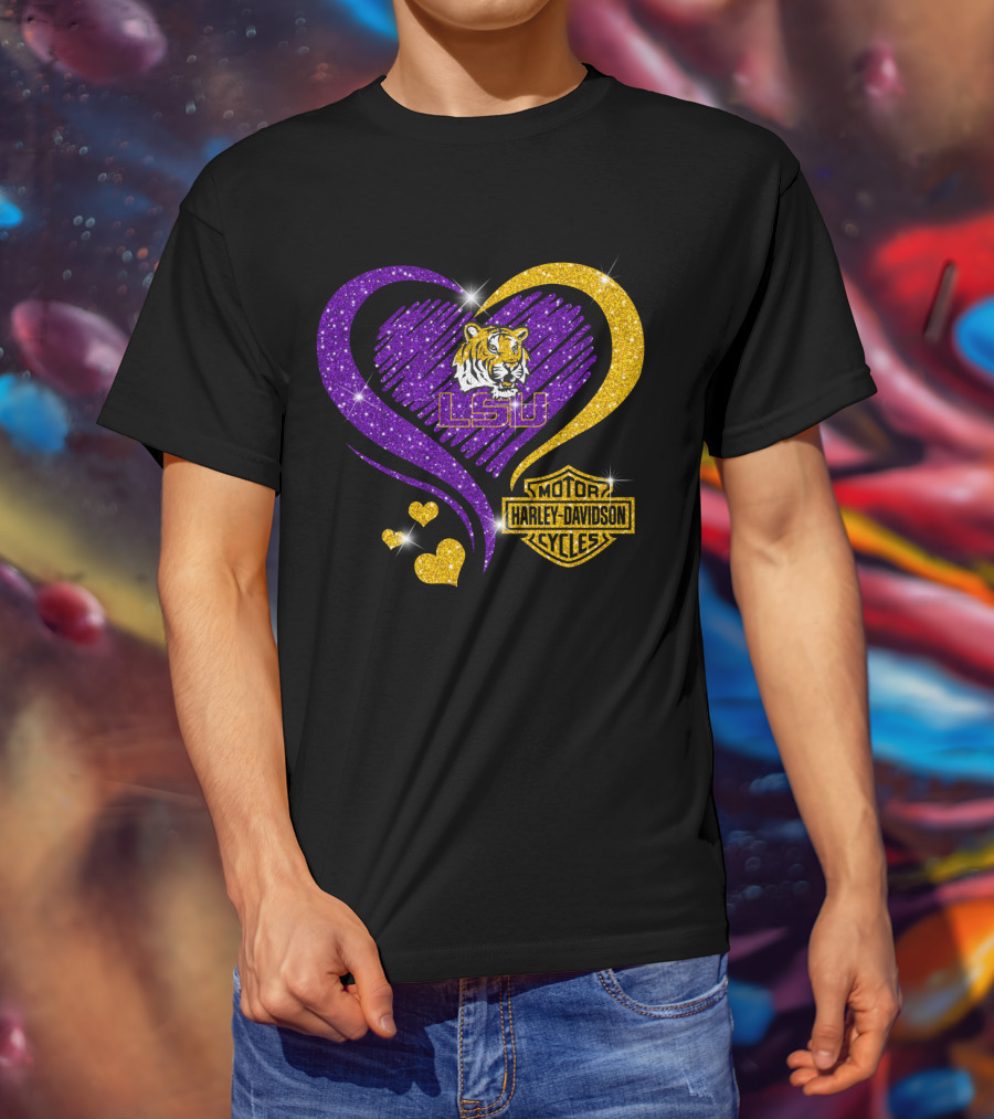 Lsu Tigers Harley Davidson Heart Ncaa Fan Gear T-Shirt