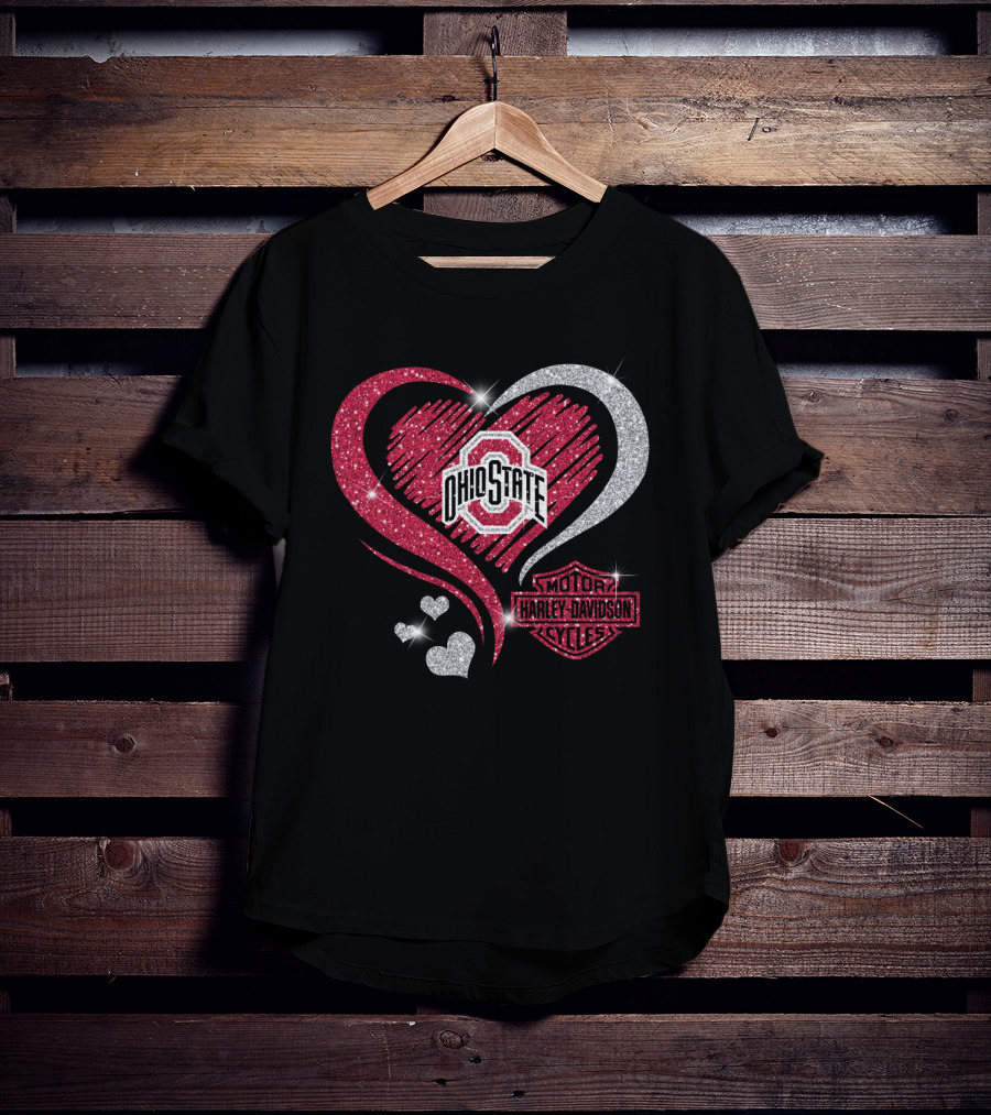 Ohio State Buckeyes Heart With Harley Davidson Motorcycles T-Shirt