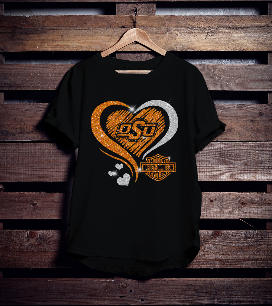Osu Heart With Harley Davidson Logo And Oklahoma State Cowboys T-Shirt