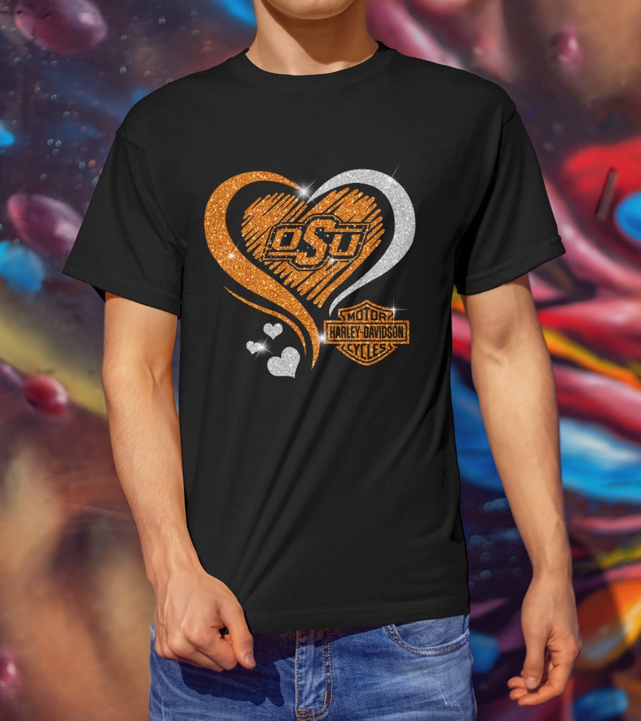 Osu Heart With Harley Davidson Logo And Oklahoma State Cowboys T-Shirt