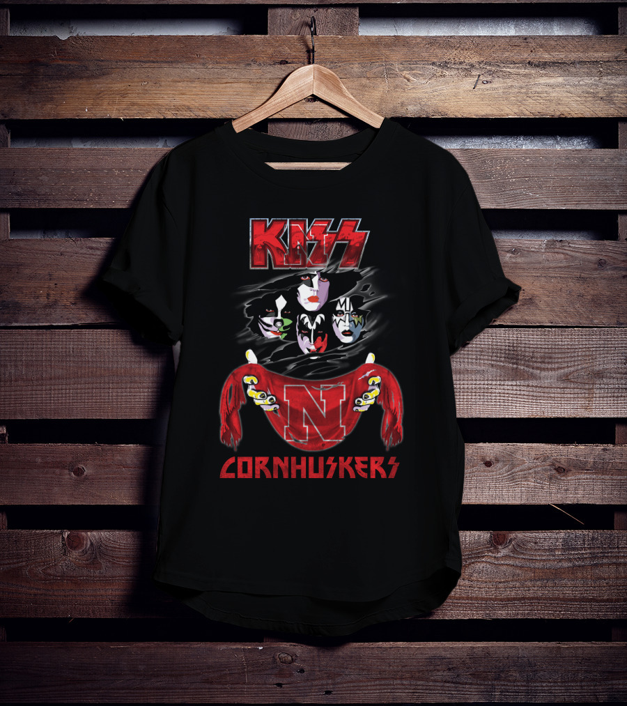 KISS Rock Band Faces With Nebraska Cornhuskers Red Scarf T-Shirt