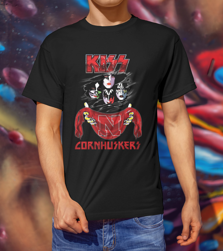 KISS Rock Band Faces With Nebraska Cornhuskers Red Scarf T-Shirt