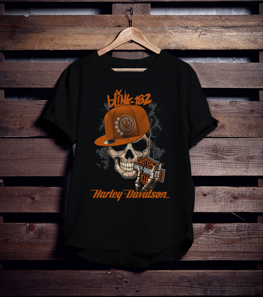 Blink-182 Harley Davidson Skull With Hat And Motor T-Shirt