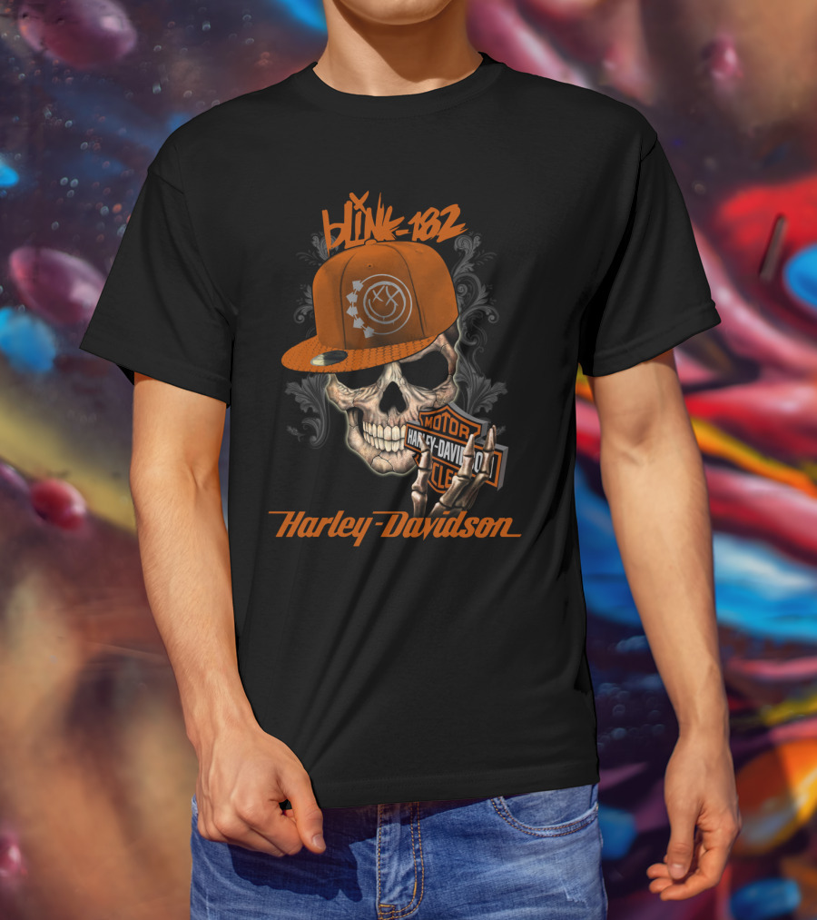 Blink-182 Harley Davidson Skull With Hat And Motor T-Shirt