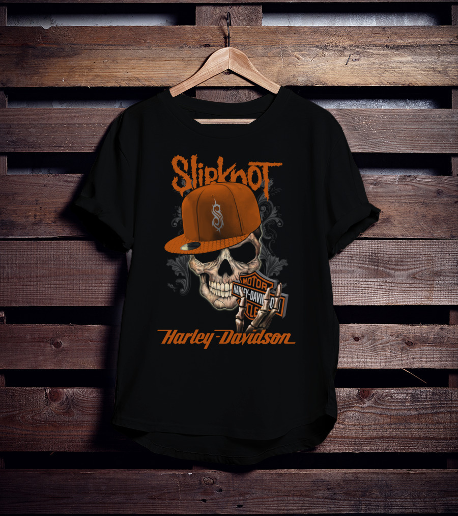 Slipknot Harley Davidson Skull With Orange Cap T-Shirt