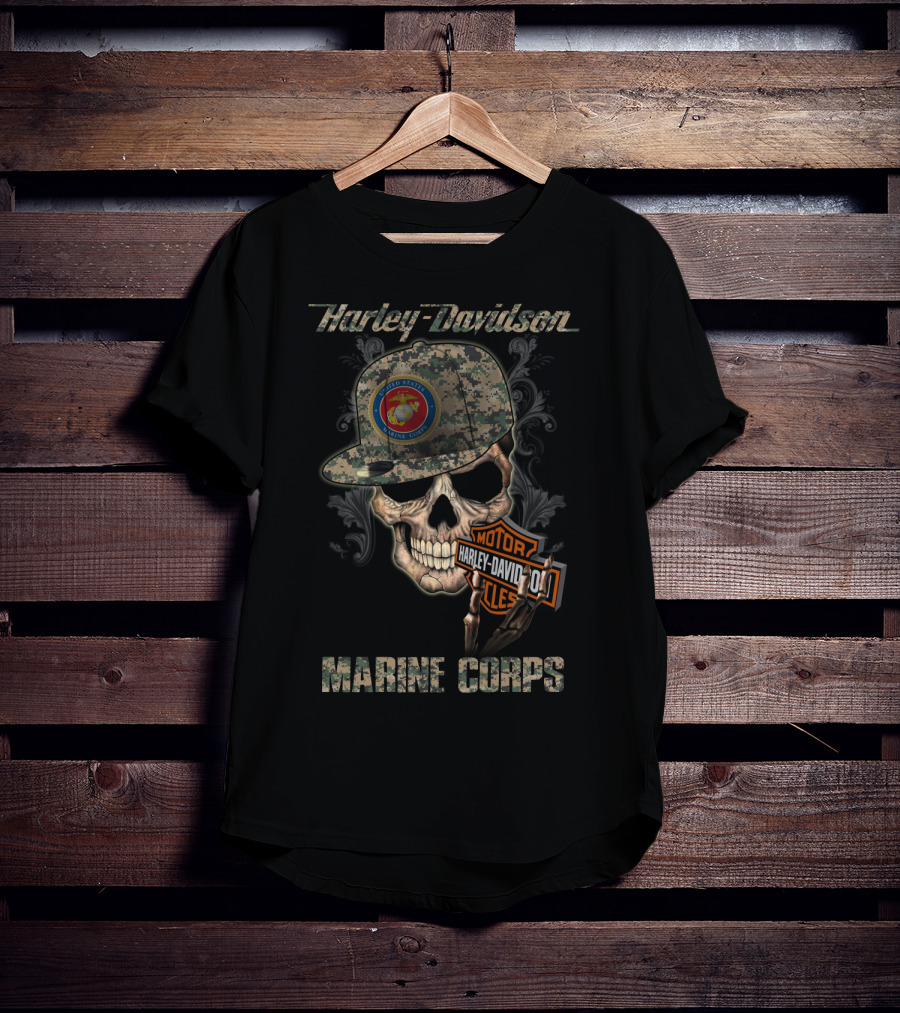 Harley Davidson Marine Corps Skull With Camo Cap T-Shirt