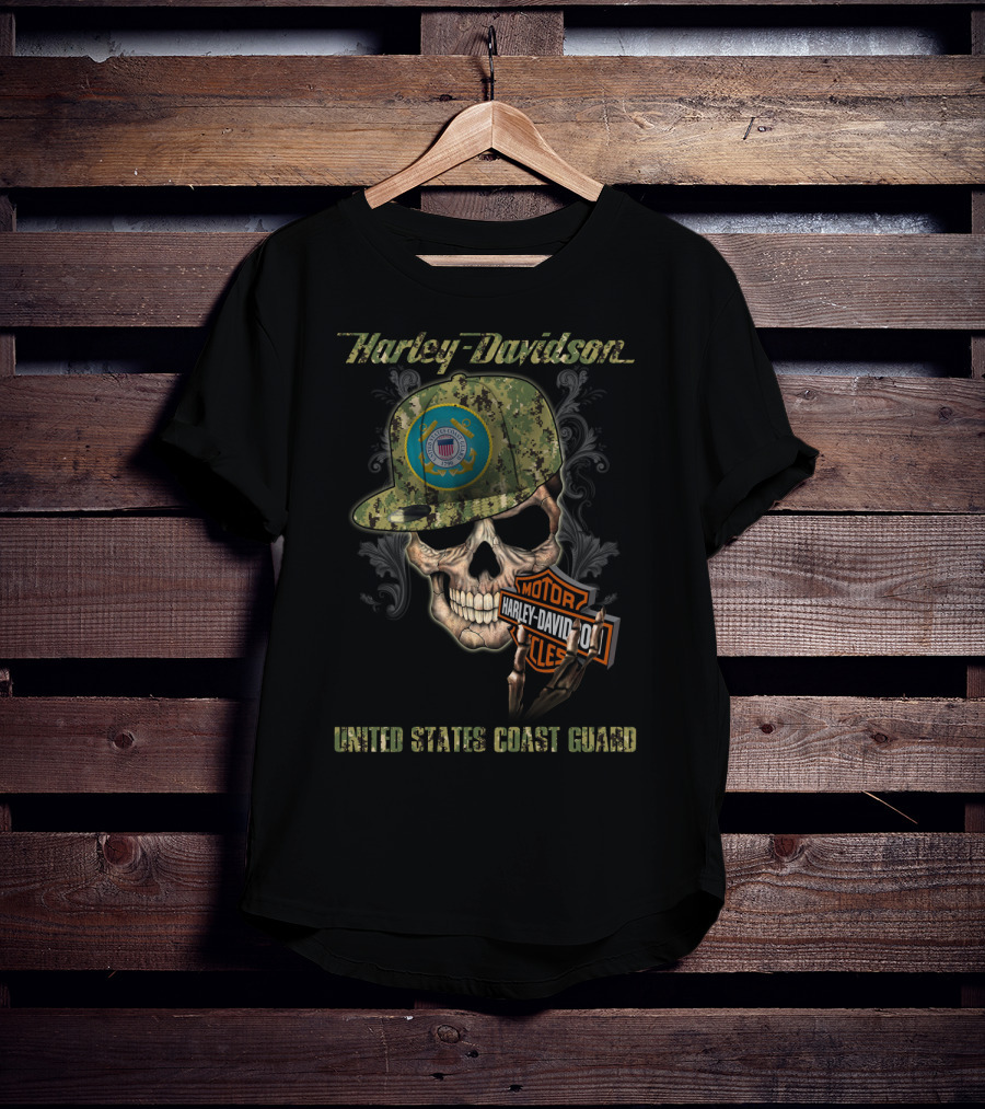Harley Davidson United States Coast Guard Skull With Camo Cap T-Shirt