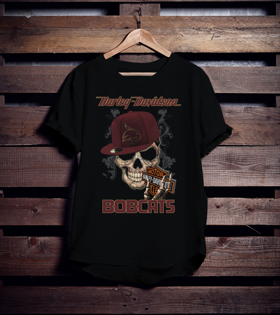 Harley Davidson Bobcats Skull With Texas State Emblem And Cap T-Shirt