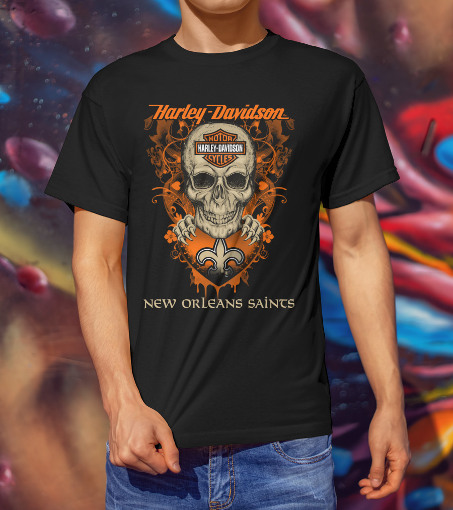 Harley Davidson New Orleans Saints Skull And Fleur-De-Lis T-Shirt