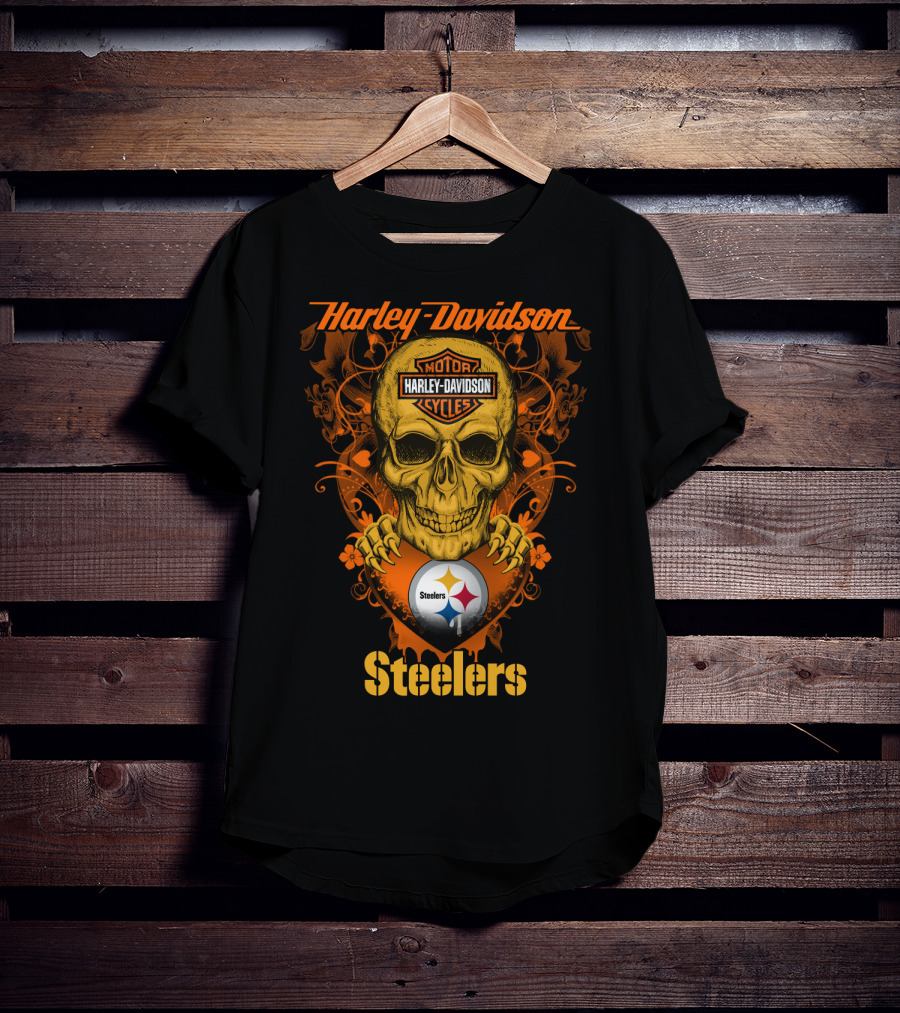 Harley Davidson Motorcycles Skull With Pittsburgh Steelers T-Shirt