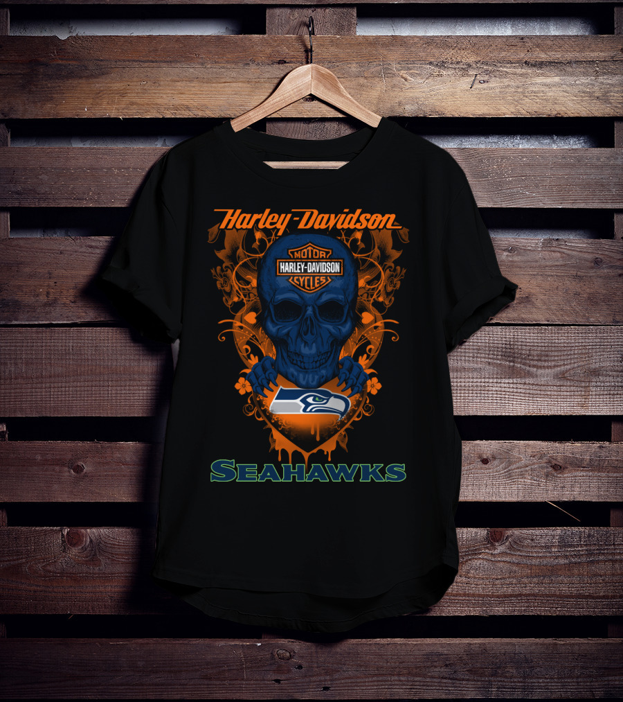 Harley Davidson Motor Cycles Seattle Seahawks Skull T-Shirt