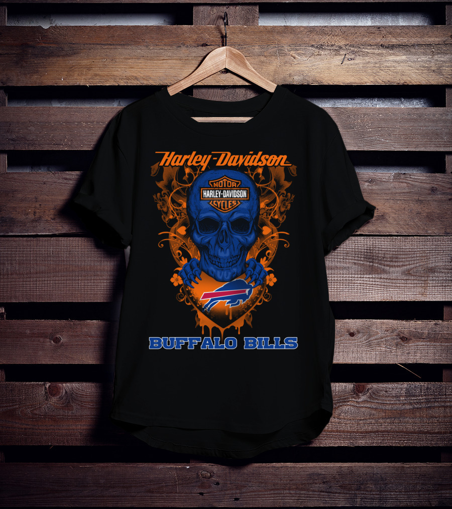 Harley Davidson Motorcycles Buffalo Bills Nfl Skull And Shield T-Shirt