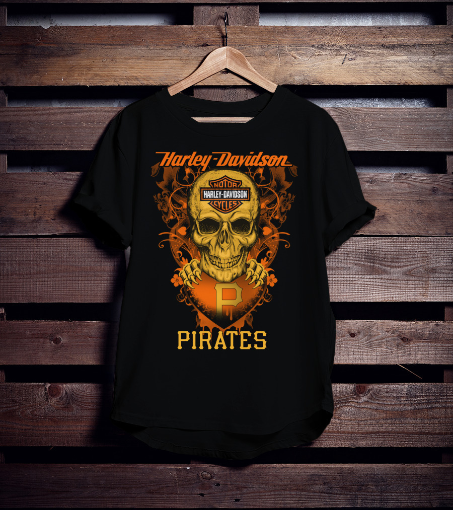 Harley Davidson Motor Cycles Skull Pittsburgh Pirates T-Shirt