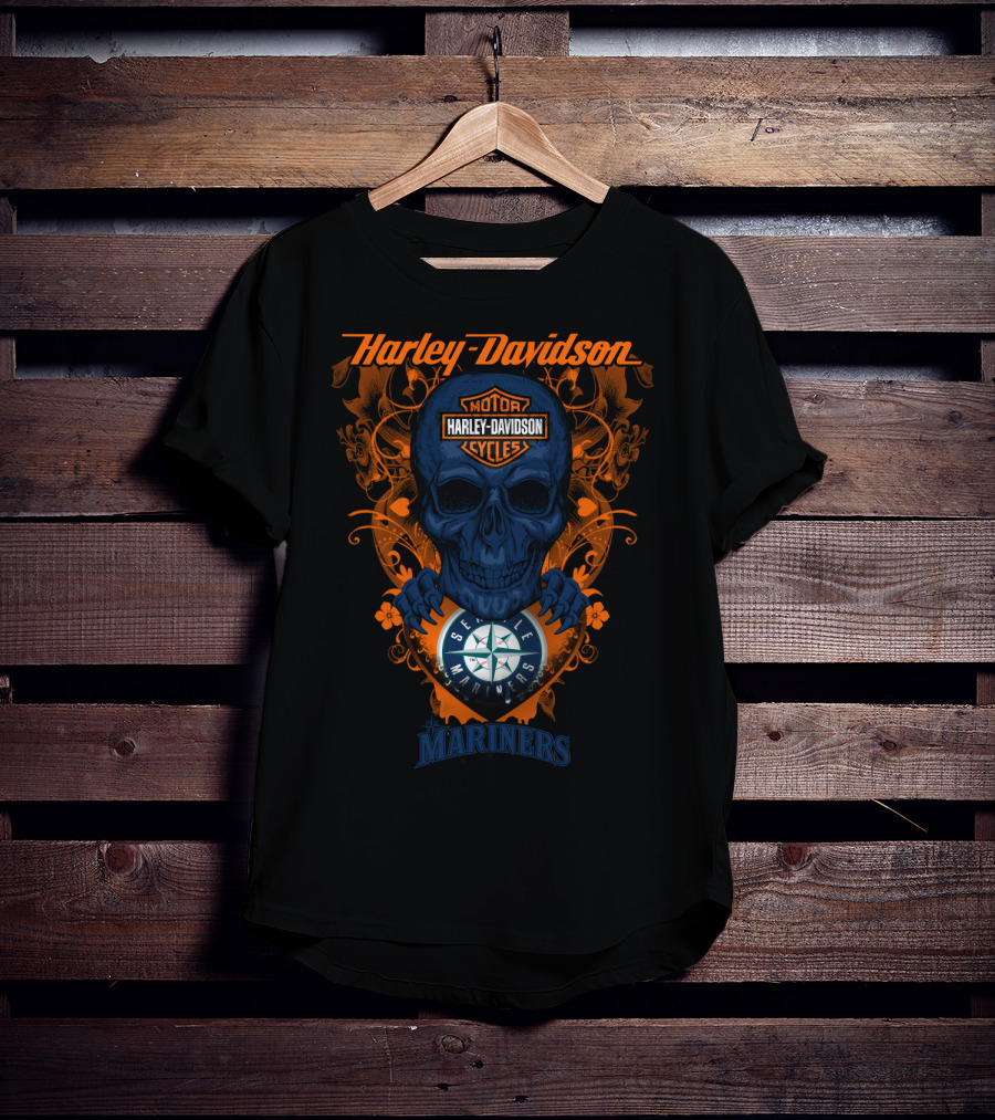 Harley Davidson Motor Cycles Seattle Mariners Skull T-Shirt