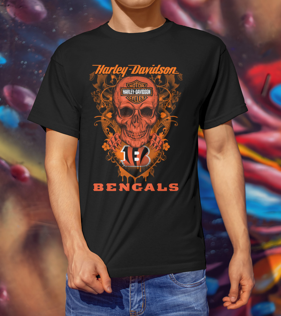 Harley Davidson Motor Cycles Skull Cincinnati Bengals T-Shirt