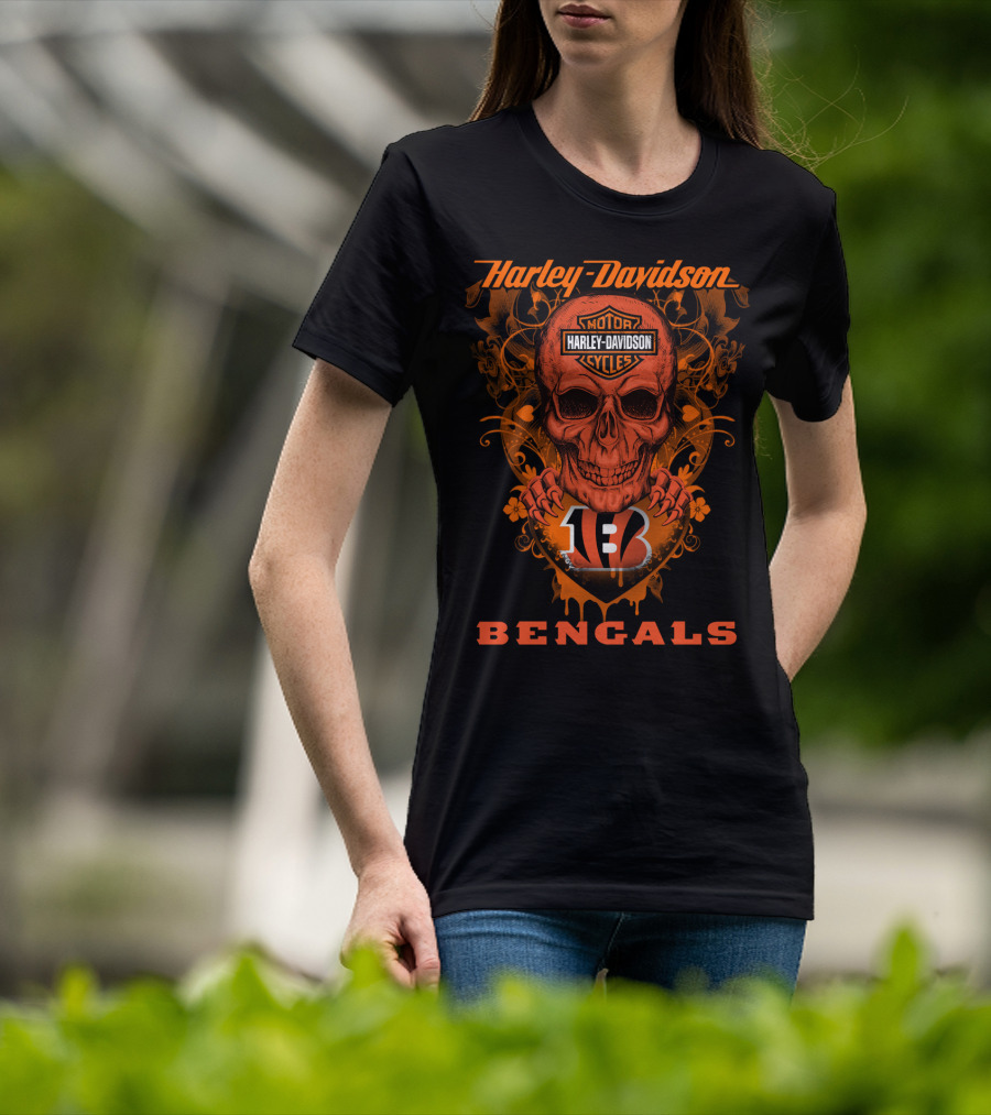 Harley Davidson Motor Cycles Skull Cincinnati Bengals T-Shirt