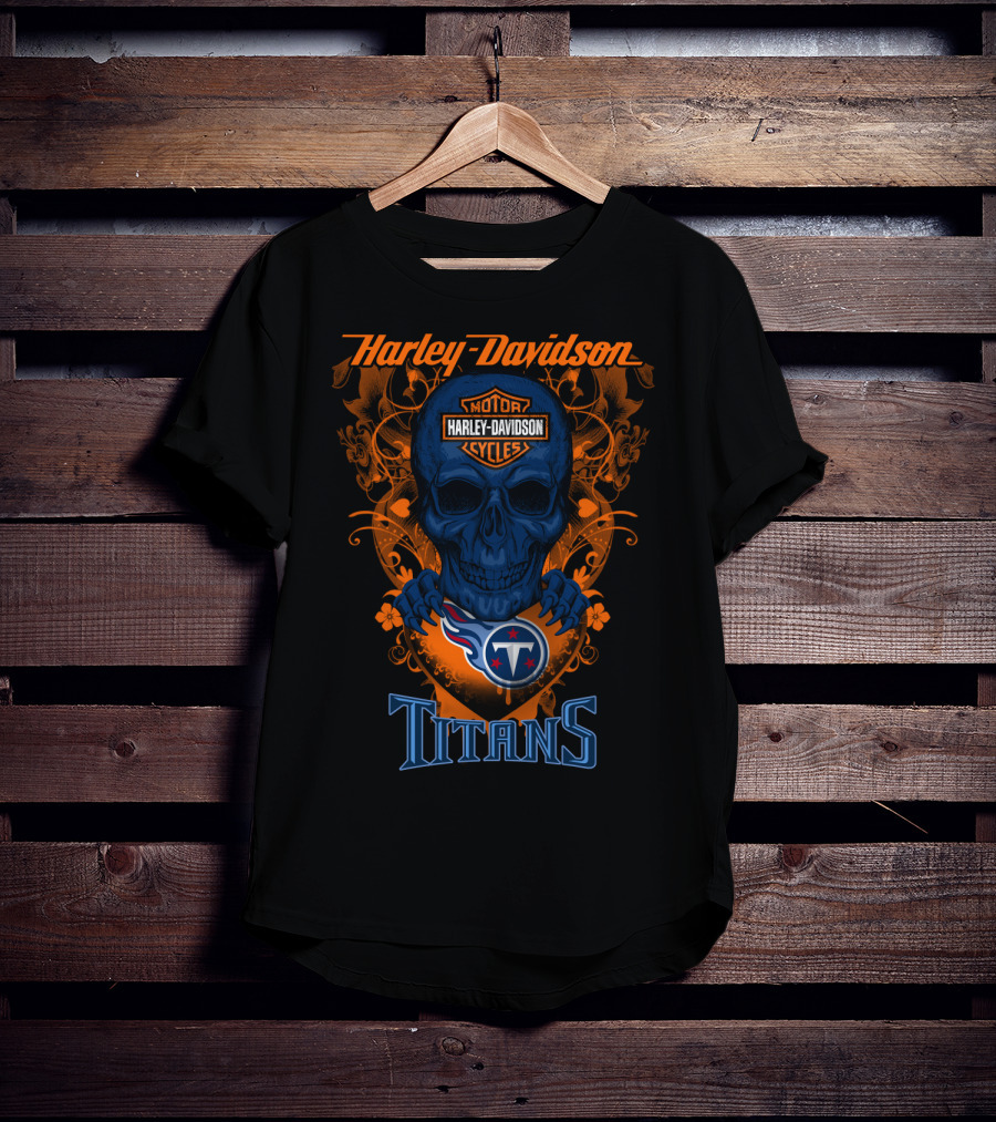 Harley Davidson Motor Cycles Skull With Tennessee Titans T-Shirt